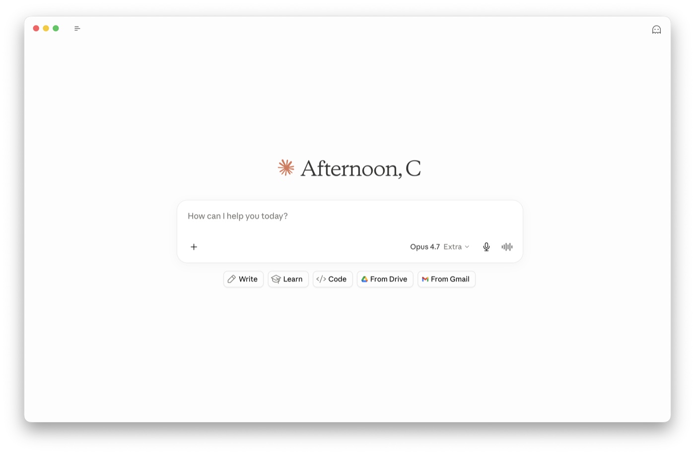 The Claude desktop app, just opened — a chat window