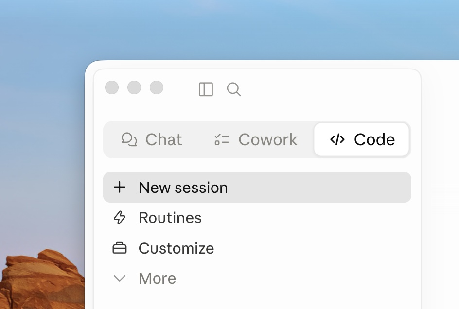 The Code tab in the Claude app, with New session highlighted