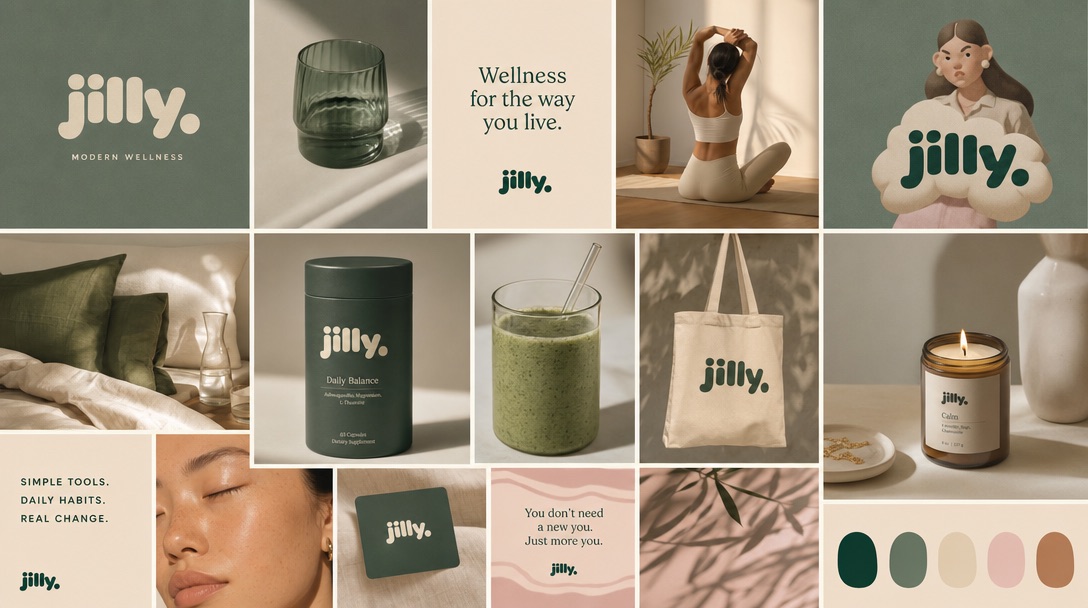 Jilly's moodboard in MoodyBoards — cream and olive wellness brand