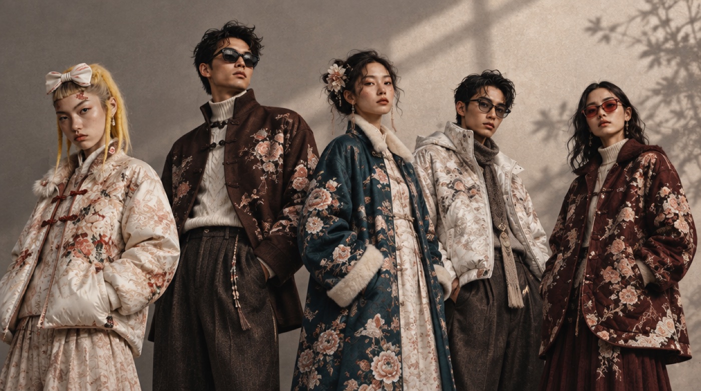 Before: five models in floral jackets