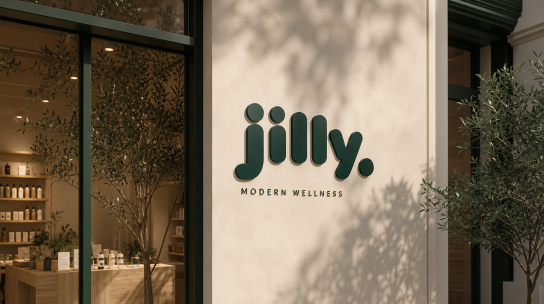 Storefront signage for a wellness brand in the same green and cream direction, applied to a real-world sign