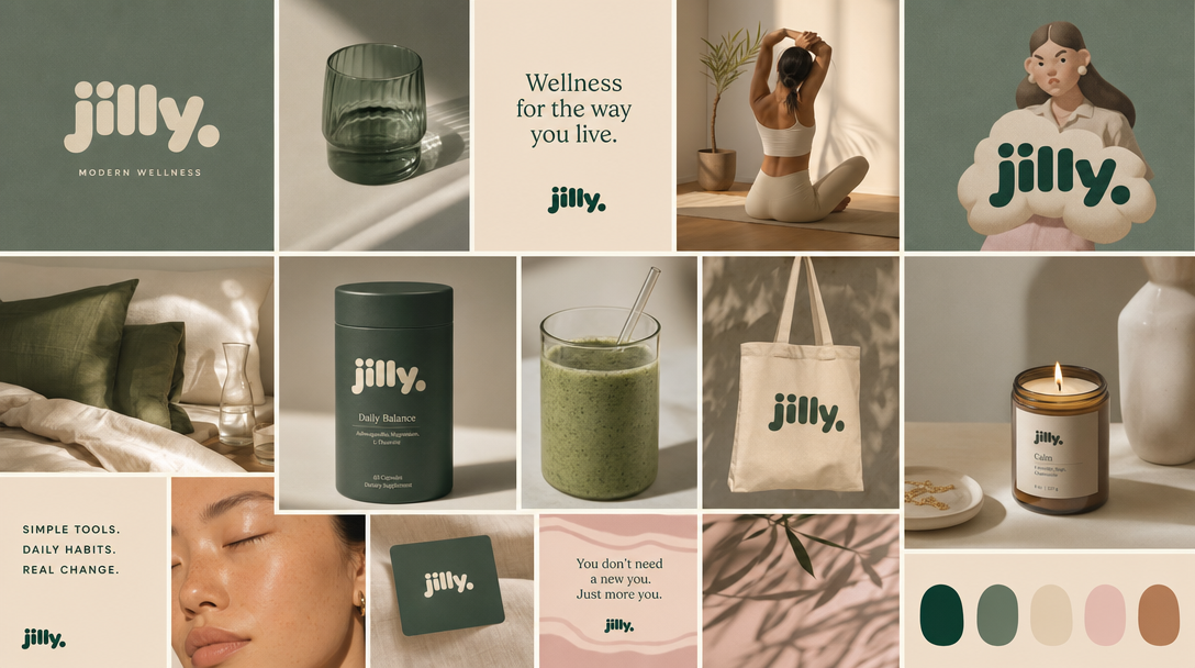 Mood board for a modern wellness brand — sage and cream palette, rounded wordmark, product, tote, candle and typography