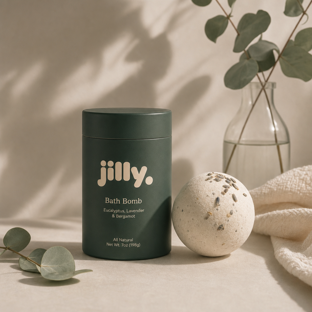 Product packaging for a wellness brand generated from the same mood board — dark green tin, cream wordmark, eucalyptus styling