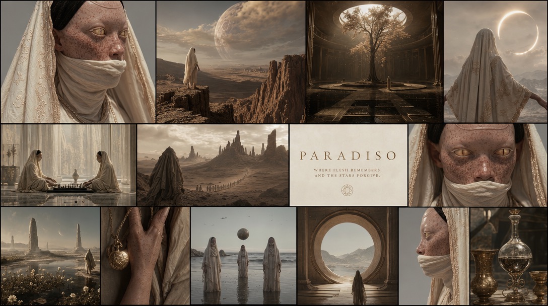 AI mood board for Paradiso, a desert sci-fi story: the same veiled, freckled character across portraits, landscapes and interiors in a sand and gold palette