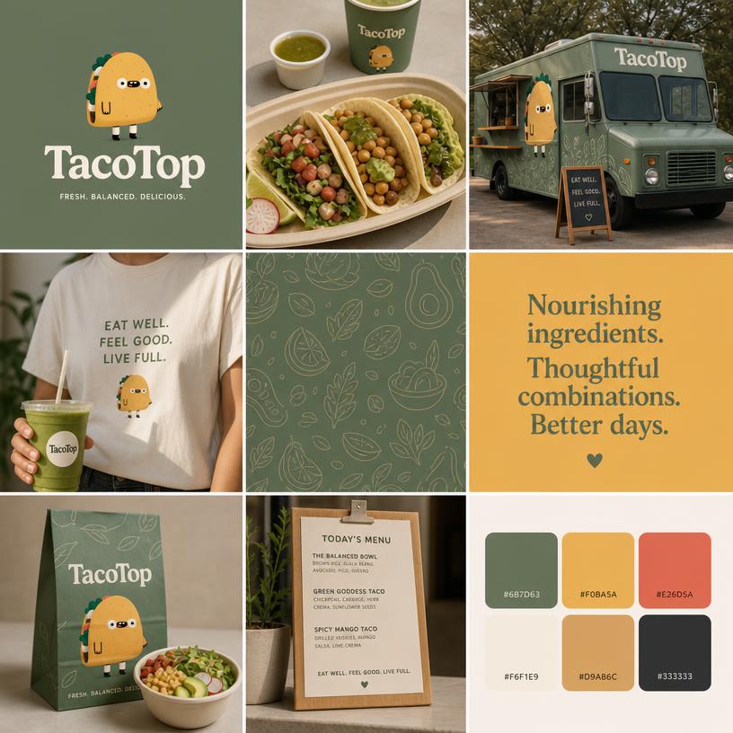 AI brand mood board for TacoTop, a healthy taco brand: mascot wordmark, food truck, menu, packaging, pattern and a six-color palette with hex codes