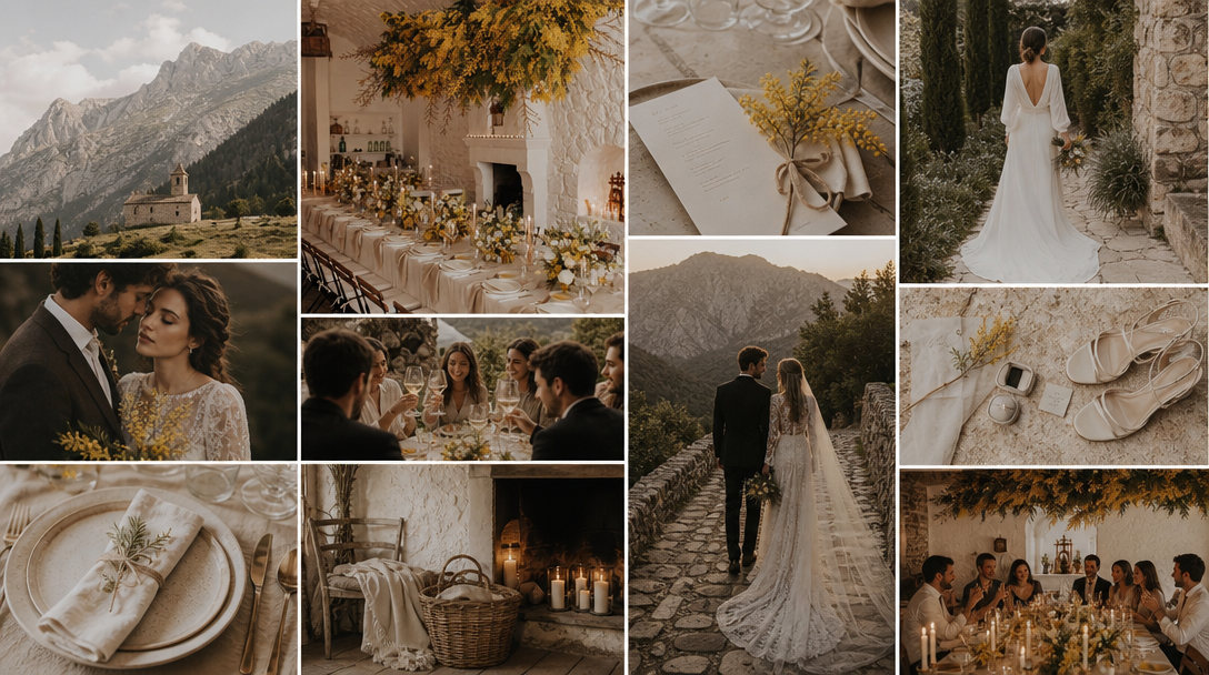 A wedding mood board generated by MoodyBoards: a warm neutral palette with mimosa-yellow florals, a stone chapel in the mountains, long candlelit tables, linen place settings and a lace veil.
